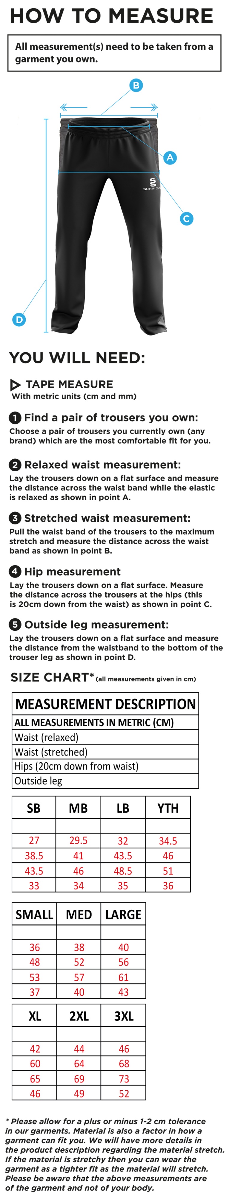 RM CC - Ripstop Track Pant - Size Guide