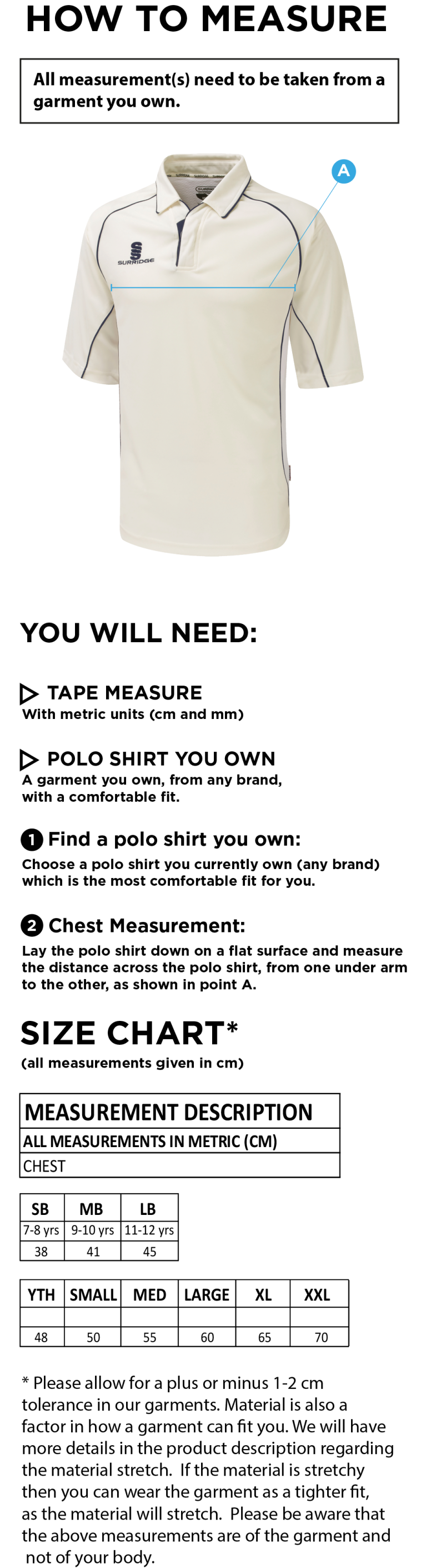 RM CC - Premier 3/4 Sleeve Maroon Trim Shirt - Size Guide