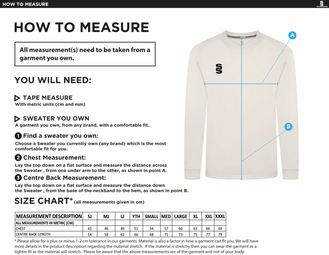 RM CC Blast Long Sleeve Cricket Sweater - Size Guide