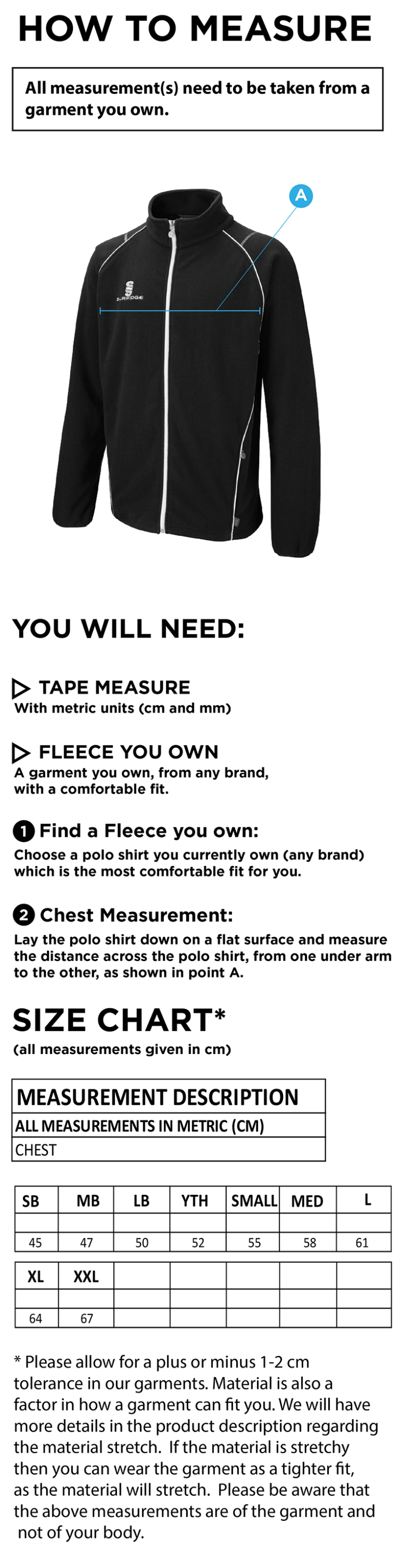 RM CC - Full Zip Fleece Jacket - Size Guide