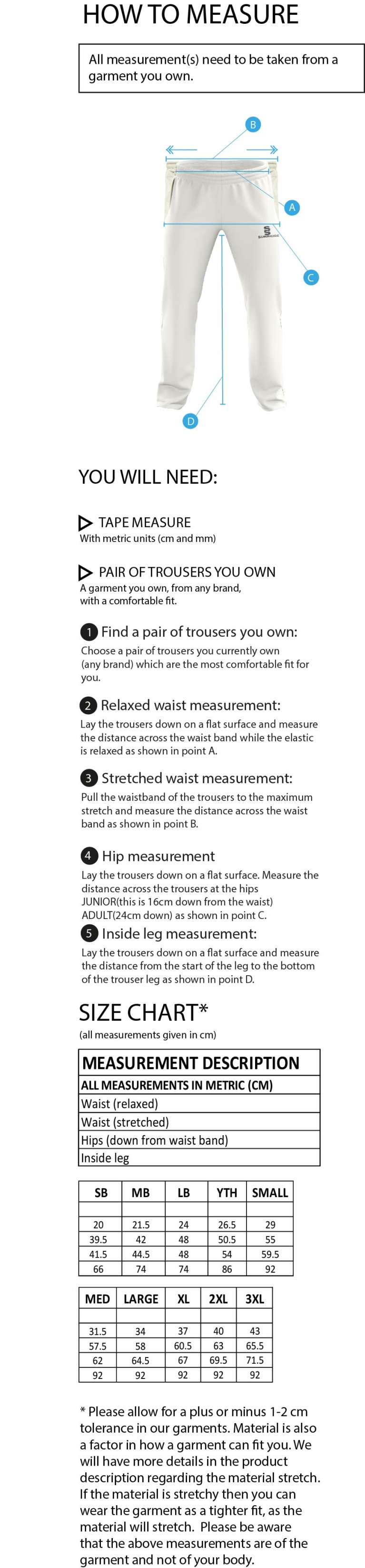 RM CC - Standard Playing Pant - Size Guide