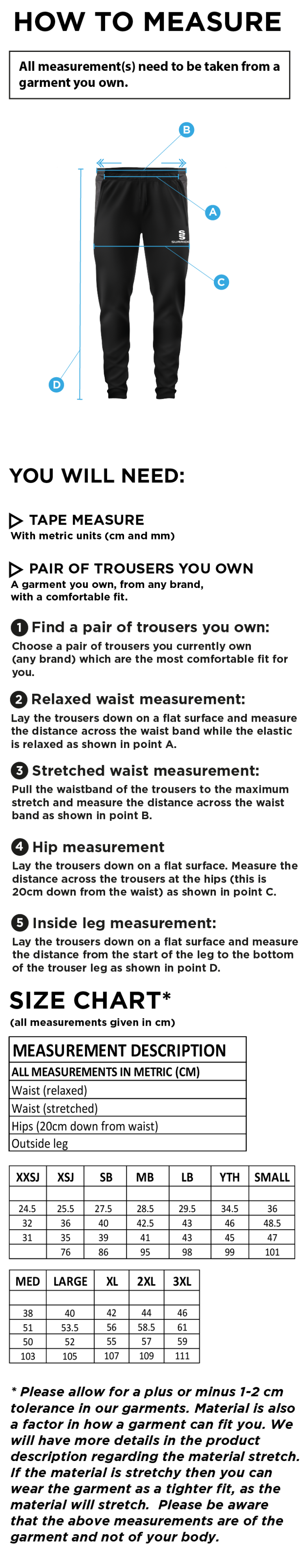 RM CC - Tek Slim Training Pants - Size Guide