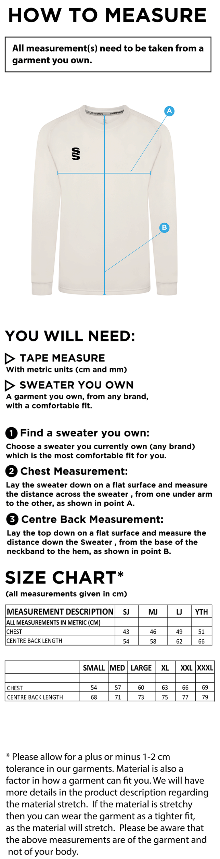 RM CC Blast Long Sleeve Cricket Sweater - Size Guide