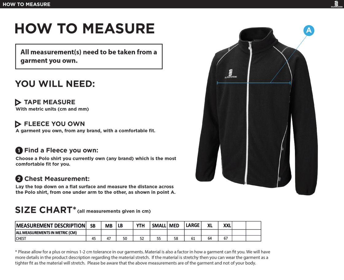 RM CC - Full Zip Fleece Jacket - Size Guide