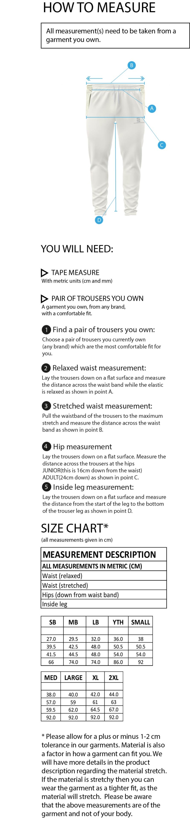 RM CC - Tek Playing Pant - Size Guide