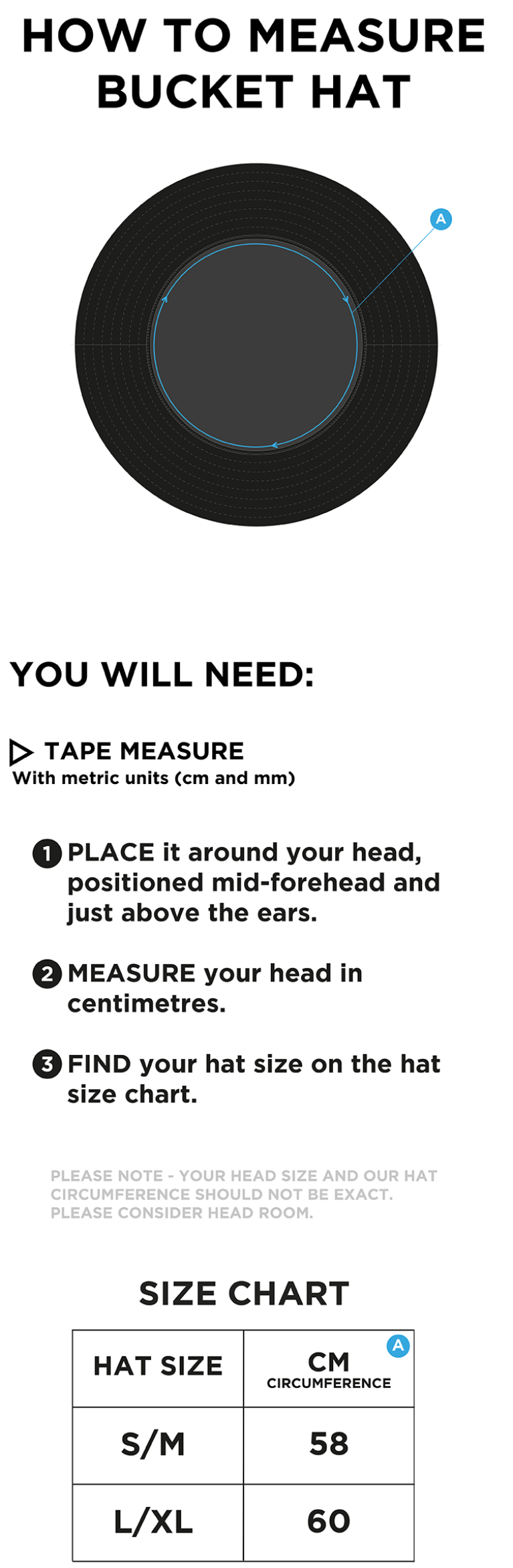 RM CC Dual Bucket Hat - Navy - Size Guide